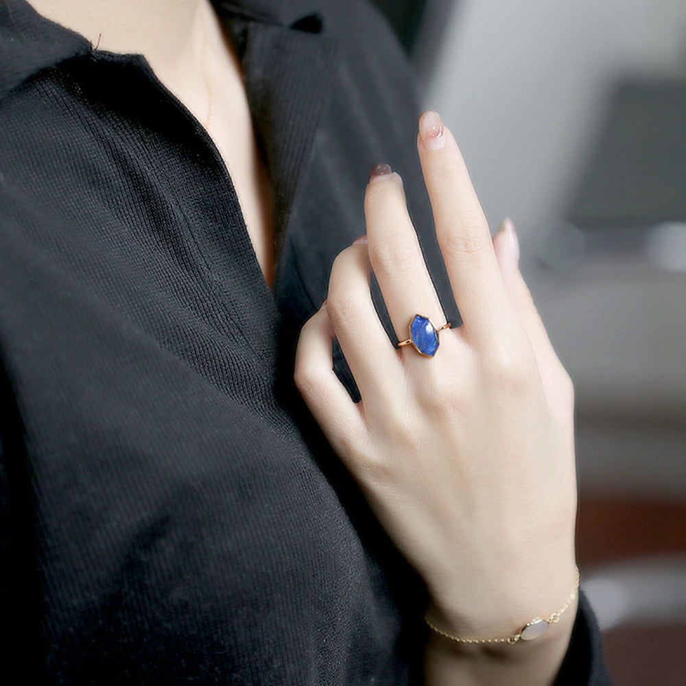 Factory Jewelry 925 Sterling Silver 14K Gold Plated Gemstone Series Blonde Crystal Lapis Lazuli Big Stone Ring