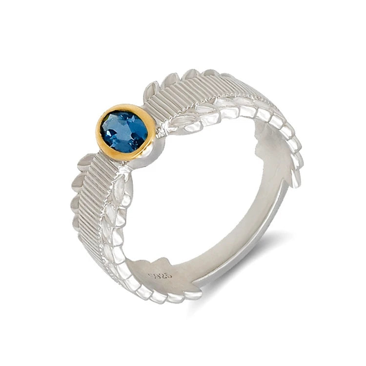 Emotional Factory 925 Sterling Silver 14K Gold Plated Gem Stone Gemstone Granule Leaves Petals London Blue Topaz Ring