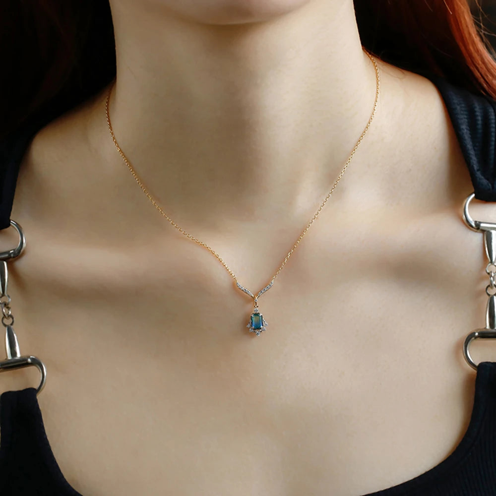925 Sterling Silver 14K Gold Plated Gemstone Geometrical Dreams Galactic Star Fantasy Blue-Green Quartz Stone Necklace
