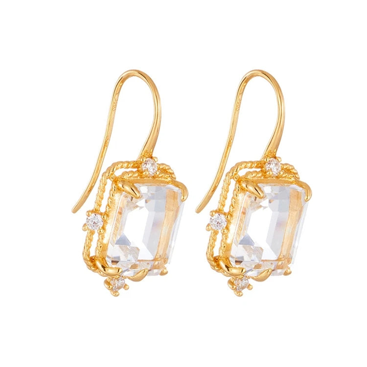 Emotional Factory 925 Sterling Silver 14K Gold Plated Gemstone Big White Crystal Zircon Hook Earrings