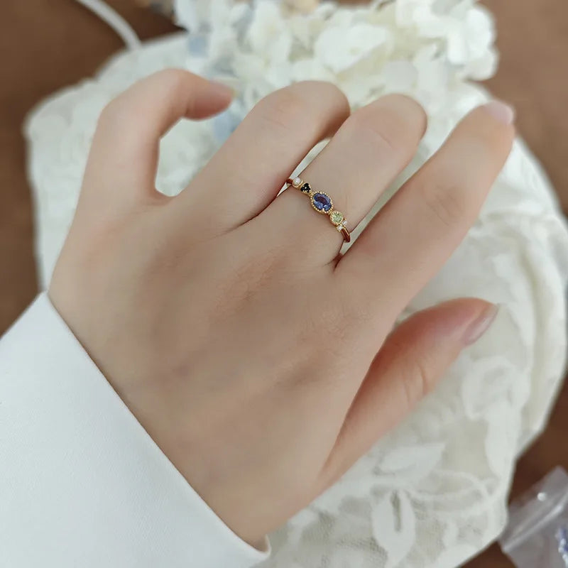 Anel De Pedras Azul 925 Sterling Silver 14K Gold Plated Gemstone More Stone Peridot Spinel Pearl Cordierite Iolite Ring