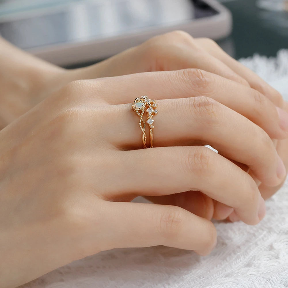 Emotional Anillos Verano Factory 925 Sterling Silver 14K Gold Plated Gem Stone Gemstone Irregular Rhombic Design Opal Ring Set