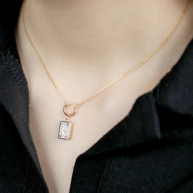 925 Sterling Silver 14K Gold Plated Gemstone Magic Book Natural Ruby Sapphire Emerald Lockets Pendant Necklace