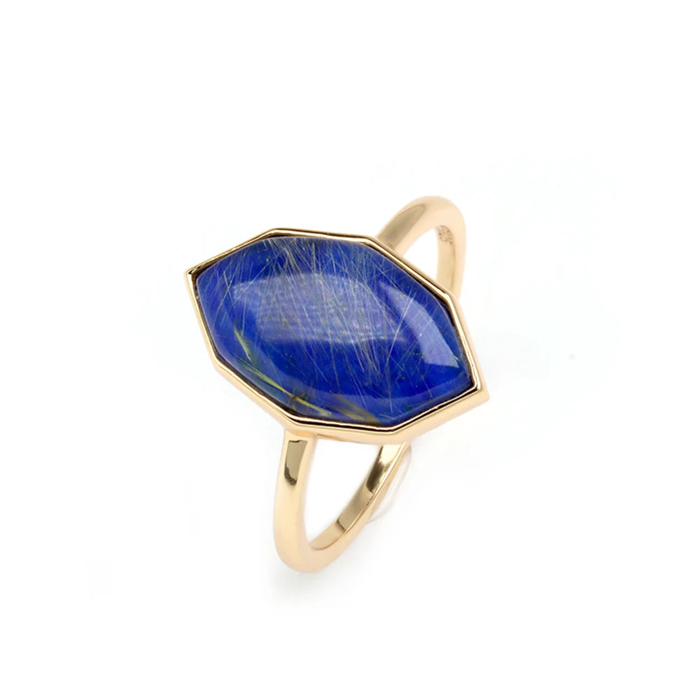 Factory Jewelry 925 Sterling Silver 14K Gold Plated Gemstone Series Blonde Crystal Lapis Lazuli Big Stone Ring