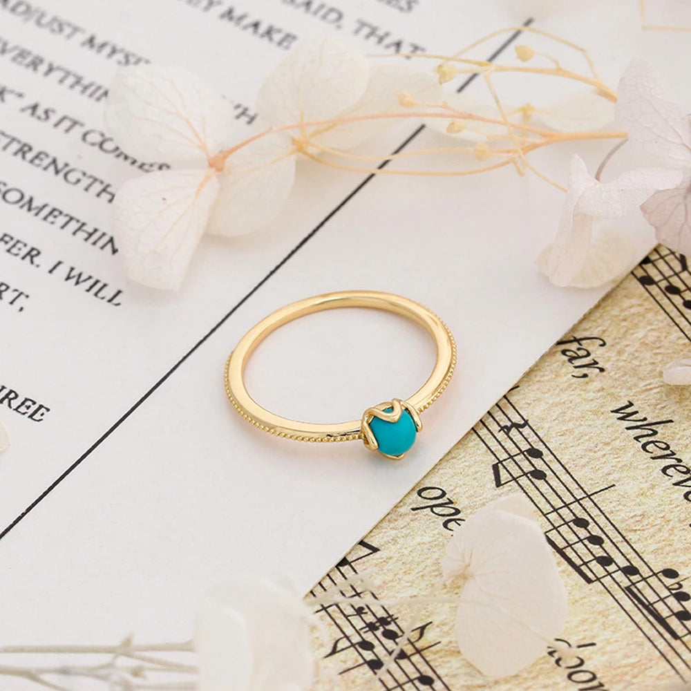 Emotional Factory 925 Sterling Silver 14K Gold Plated Gem Stone Gemstone Simpler Turquoise Opal Ring