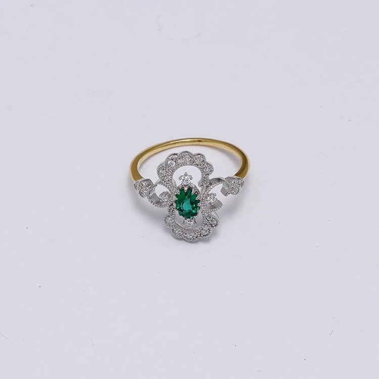 Emotional Factory 925 Sterling Silver 14K Gold Plated Gem Stone Gemstone Cz Zircon Flower Cultured Emerald Ring
