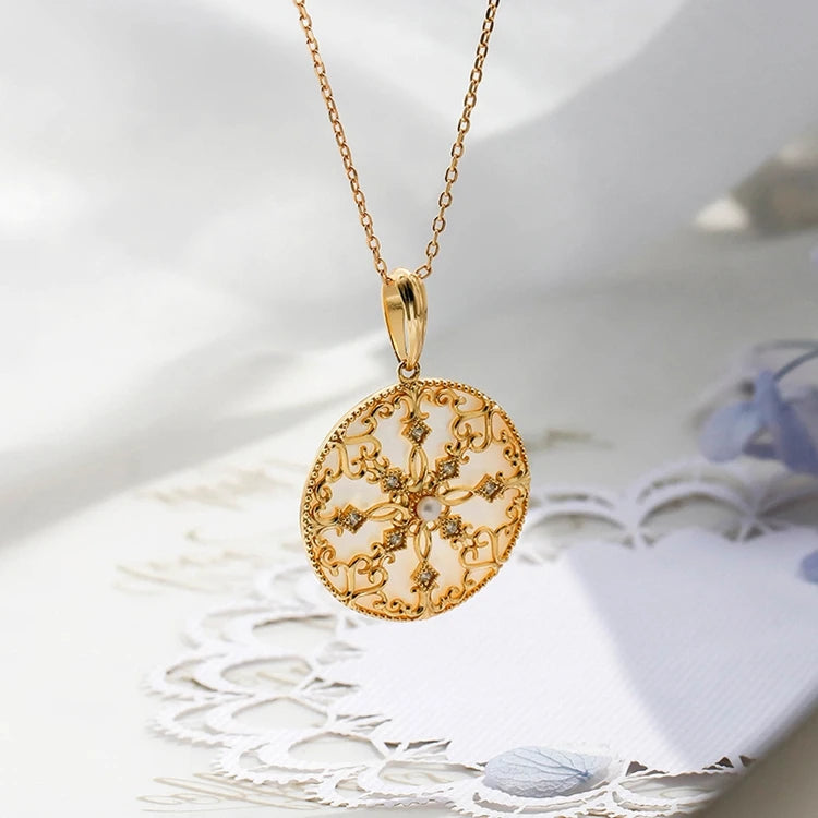 925 Sterling Silver 14K Gold Plated Gemstone Hollow Geometric Circle Natural Freshwater Pearl White Shell Pendant Necklace