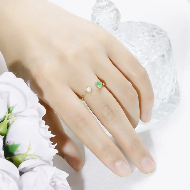 925 Sterling Silver 14K Gold Plated Gemstone Triangle Chrysoprase Natural Freshwater Pearl Adjustable Opening Ring