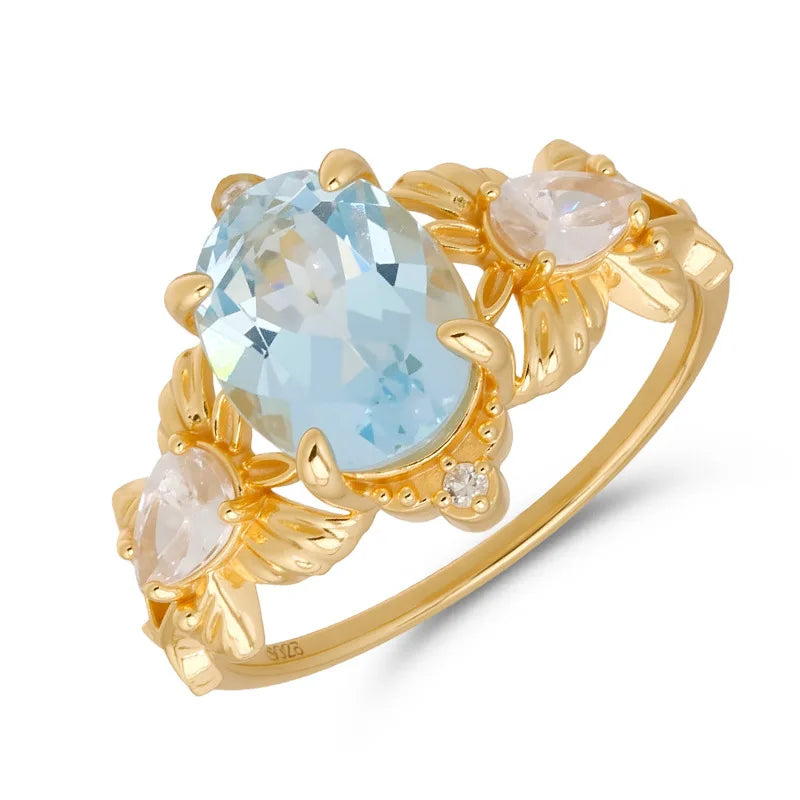 Emotional Factory 925 Sterling Silver 14K Gold Plated Gemstone Cz Zircon Natural Blue Topaz Female Butterfly Ring
