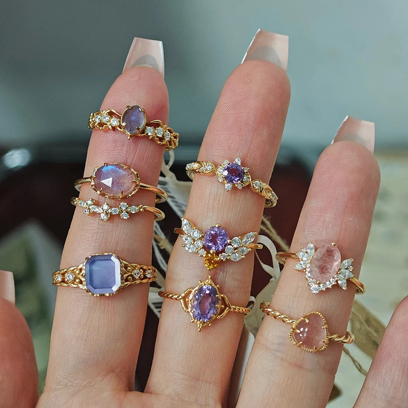 925 Sterling Silver 14K Gold Plated Gemstone Butterfly Natural Amethyst Lace Zircon Adjustable Pattern Stacked Relief Ring