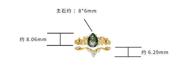 Emotional Factory 925 Sterling Silver 14K Gold Plated Gem Stone Gemstone Drop Alexandrite Moss Agate Ring Set