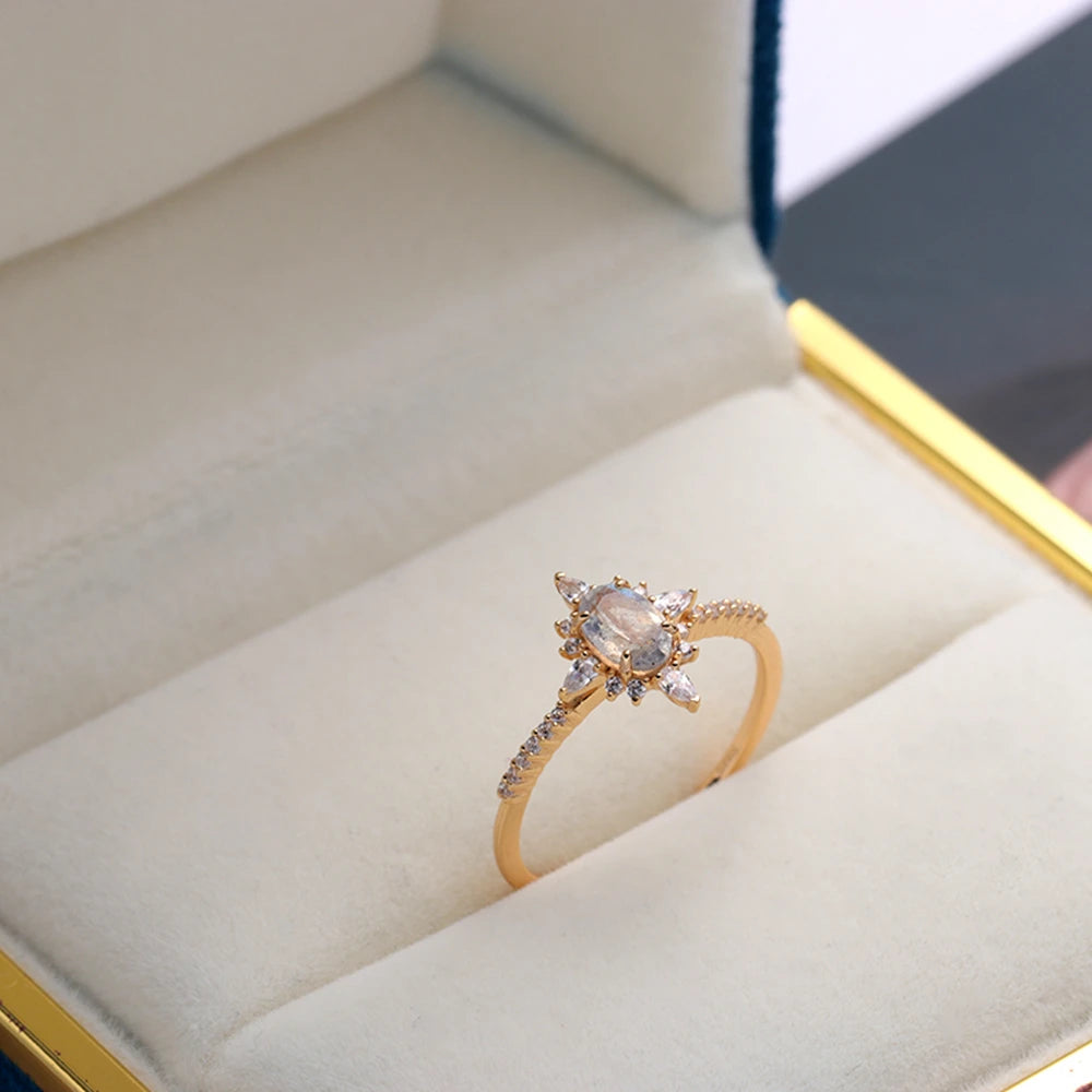 925 Sterling Silver 14K Gold Plated Gemstone Labradorite White Aaa Zircon Moon Star Ring