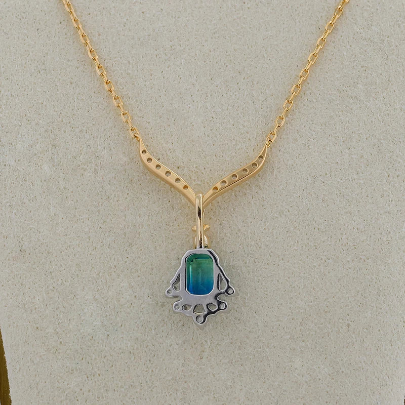 14K Gold Plated Necklace with Dual Tone Elegant Green & Blue Quartz Sparkling White Zircon Japanese Light Luxury Jewelry