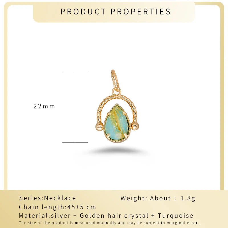 French Retro Style Double-sided Reversible S925 Silver Plated 14K Gold Necklace Pendant Turquoise + Blonde Crystal Drop-shaped d