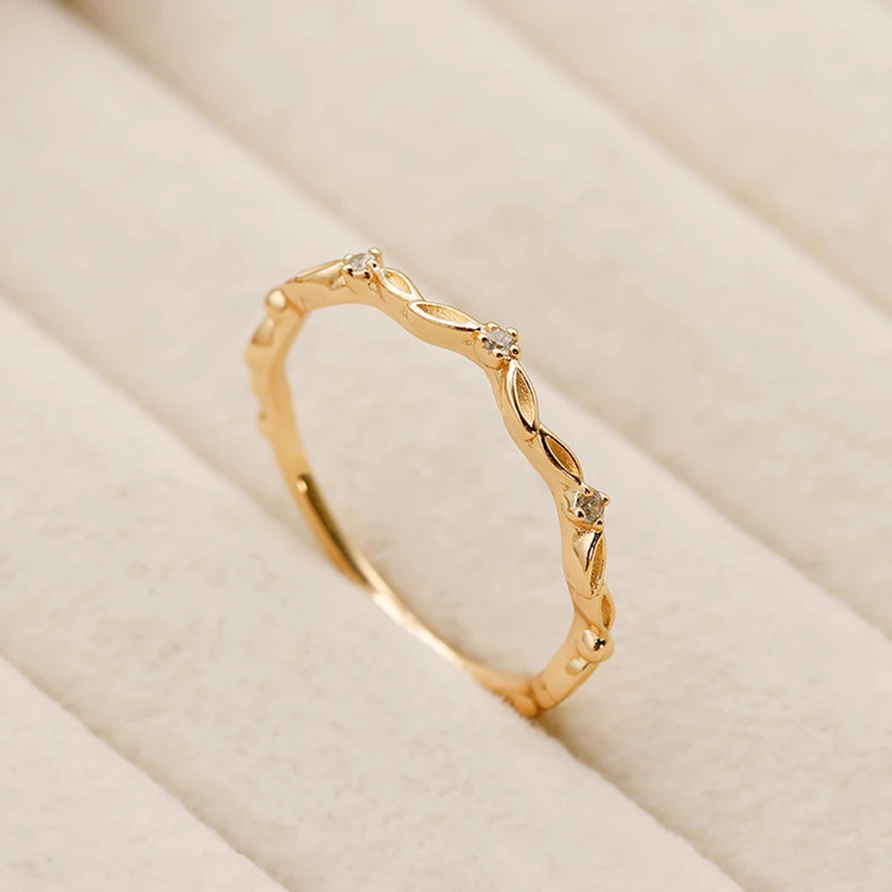 925 Sterling Silver 14K Gold Plated Gemstone Spring Element Style Leaf White Zircon Ring