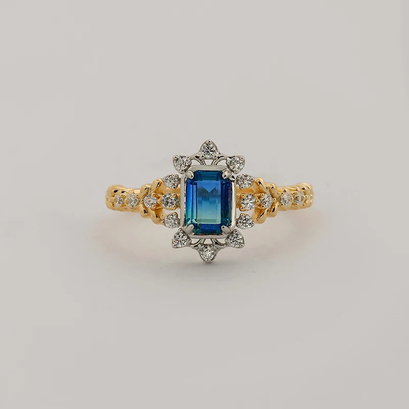Japanese Light Luxury 14K Gold Plated Green Blue Glass White Zircon Stone Two Tone Silver Ring
