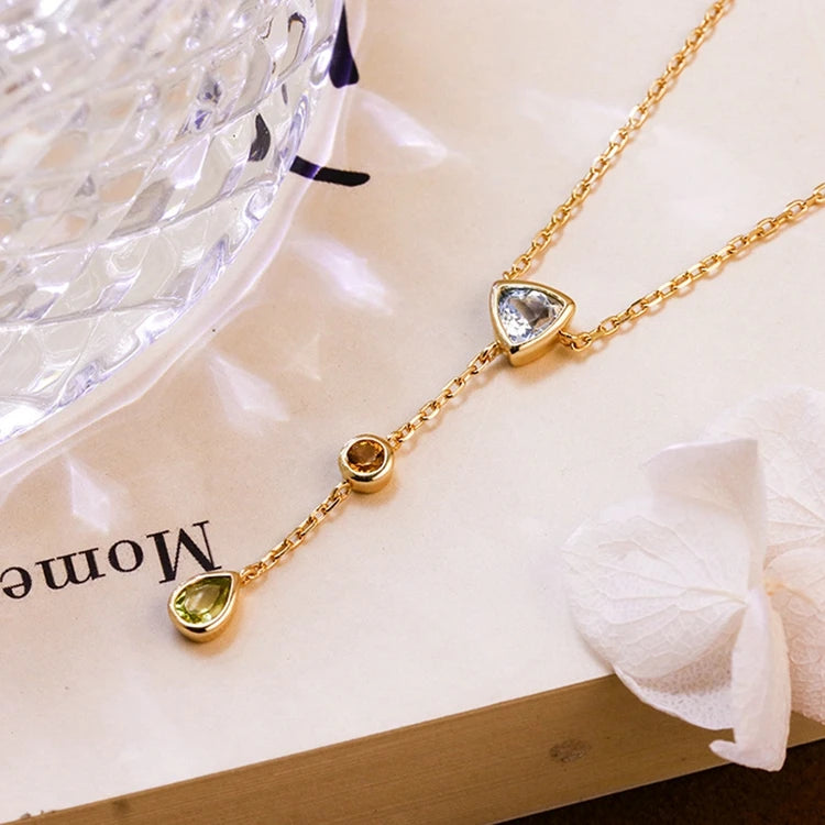 925 Sterling Silver 14K Gold Plated Gem Stone Gemstone Geometric Triangular Round Drops Sky Blue Topaz  Citrine Peridot Necklace