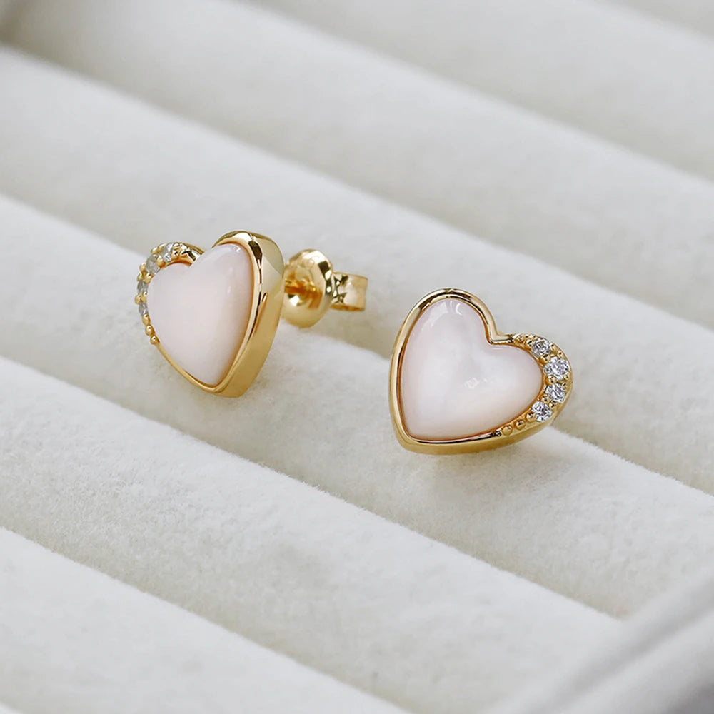 Three-Dimensional Love Pink Shellfish White Zircon Stud Earrings
