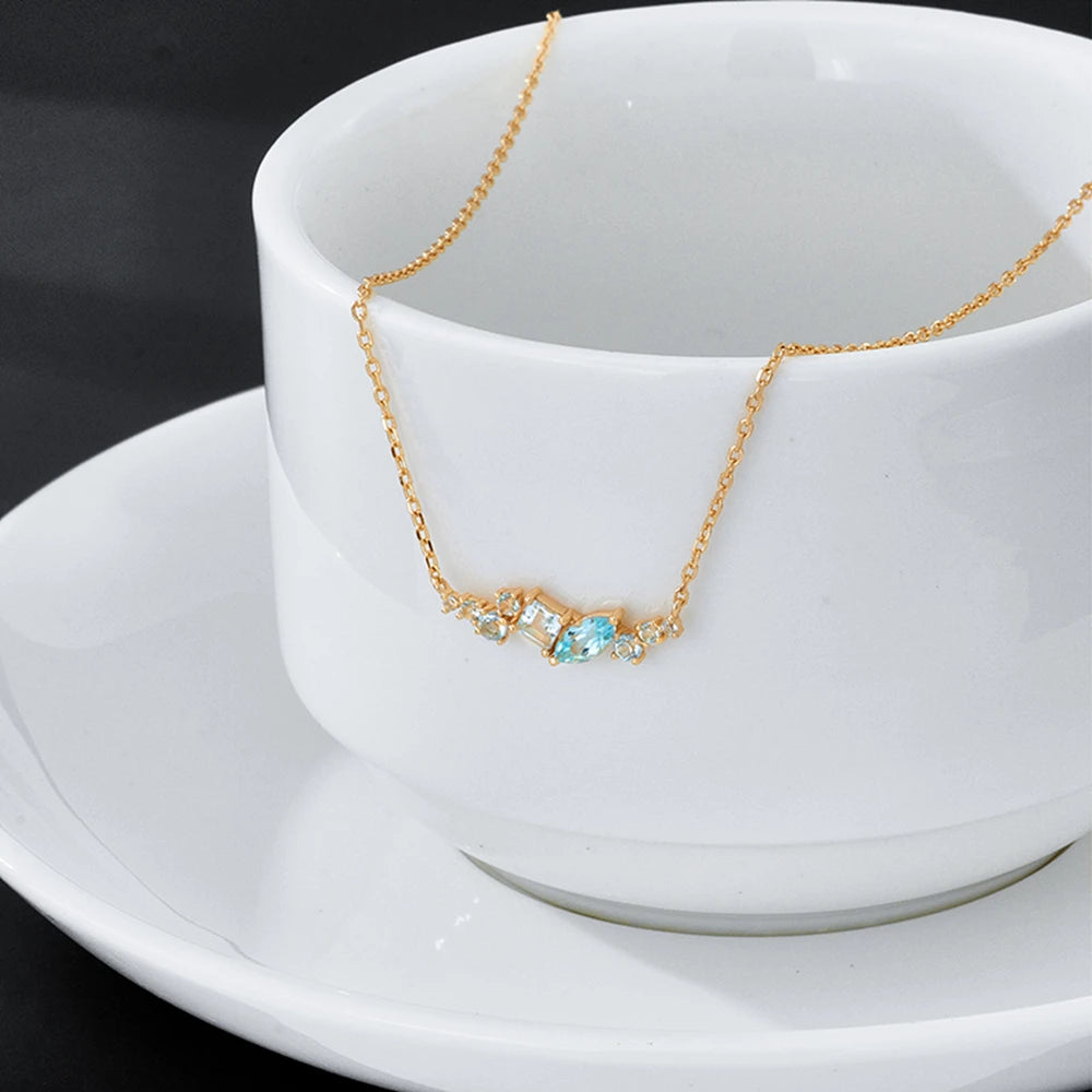 Emotional Factory Jewelry 925 Sterling Silver 14K Gold Plated Gemstone Series Blue Topaz Square Round Geometry Necklace