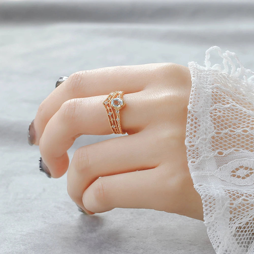 Emotional Factory 925 Sterling Silver 14K Gold Plated Natural Stone Gemstone Grain White Zircon Sky Blue Topaz Ring