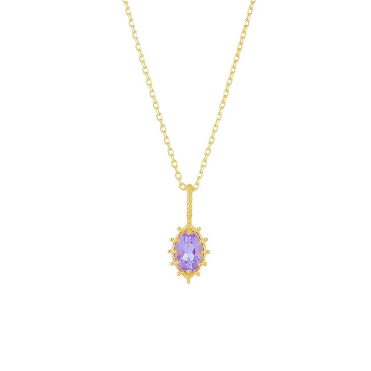 925 Sterling Silver 14K Gold Plated Gemstone Series Amethyst Crown Bubble Cutout Lace Delicate Sun Pendant Necklace