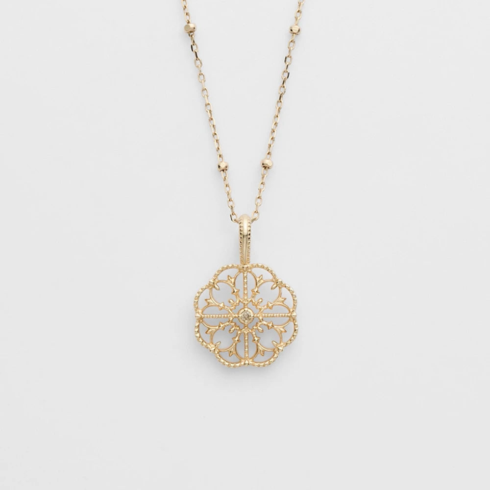 Emotional Factory 925 Sterling Silver 14K Gold Plated Gem Stone Gemstone Retro Hollow Camellia Flower Patterned Petal Pendant