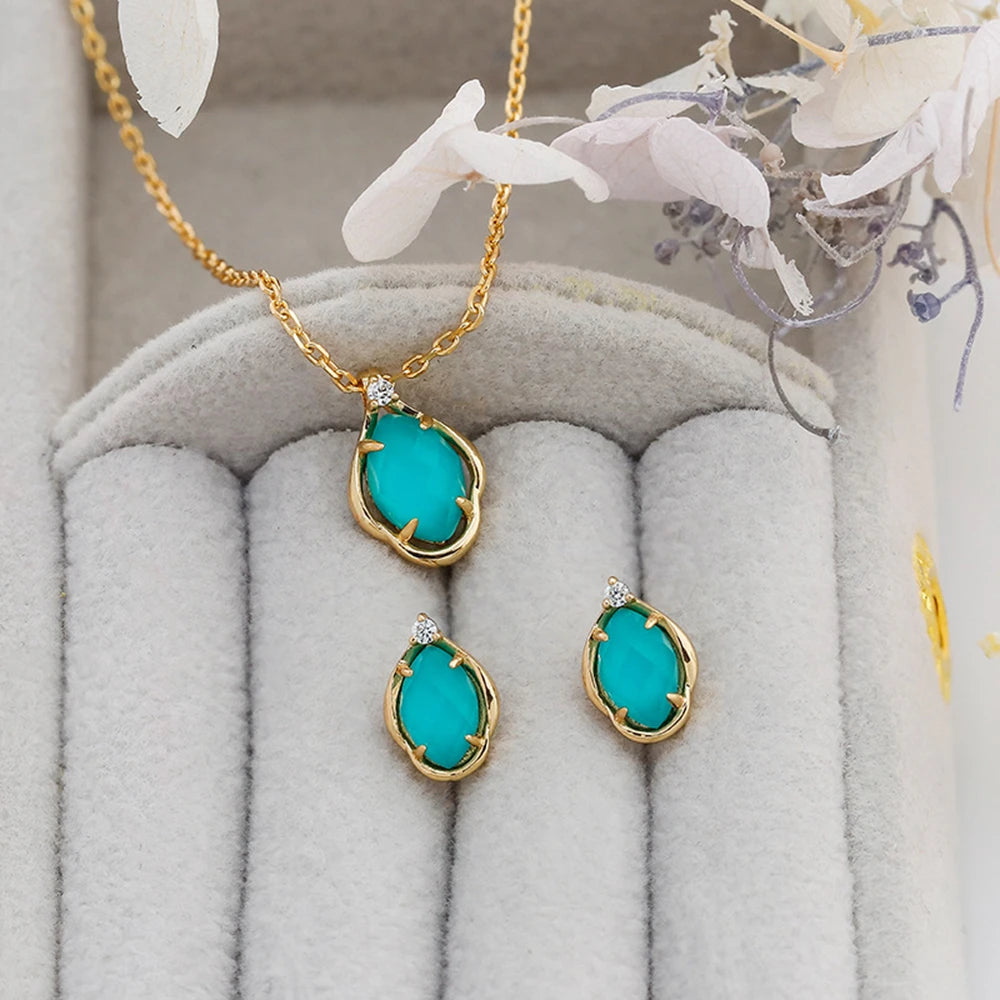 925 Sterling Silver 14K Gold Plated Gem Stone Gemstone Drop Cz Zircon Turquoise Natural White Rock Crystal Stud Earrings