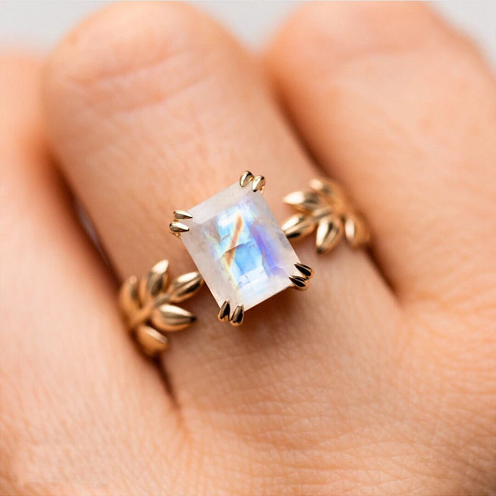 Emotional Factory 925 Sterling Silver 14K Gold Plated Gem Stone Gemstone Rectangle Leaf Leaves Blue Moonstone Ring