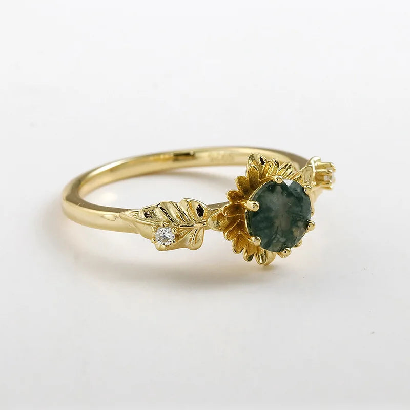 Emotional Factory 925 Sterling Silver 14K Gold Plated Gemstone Natural Sunflower Flowers Summer Sun Flower Moss Agate Ring