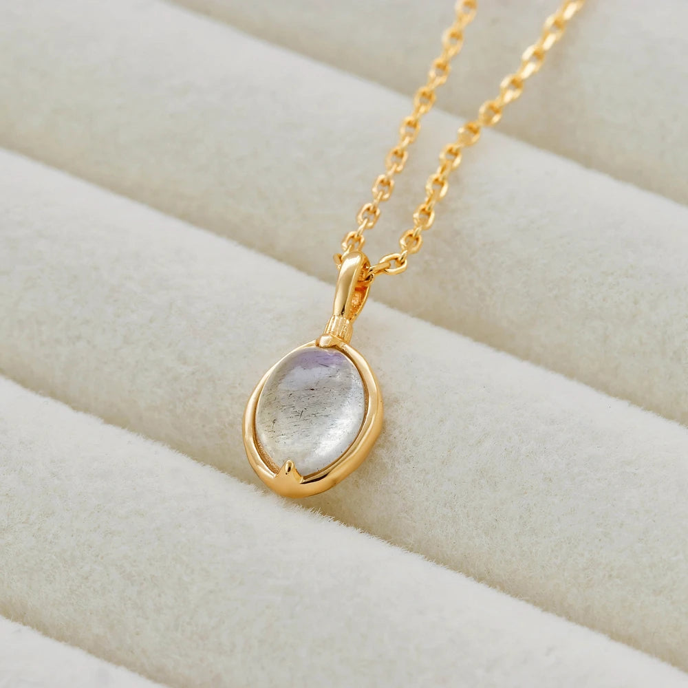 925 Sterling Silver 14K Gold Plated Gemstone Round Stone Egg Shape Natural Labradorite Pendant Necklace