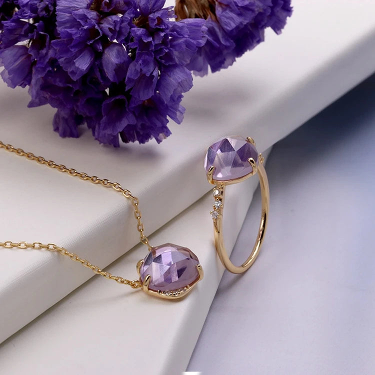 Emotional Factory 925 Sterling Silver 14K Gold Plated Gemstone Egg Shape Women Amethyst Claws Birthstone Ring