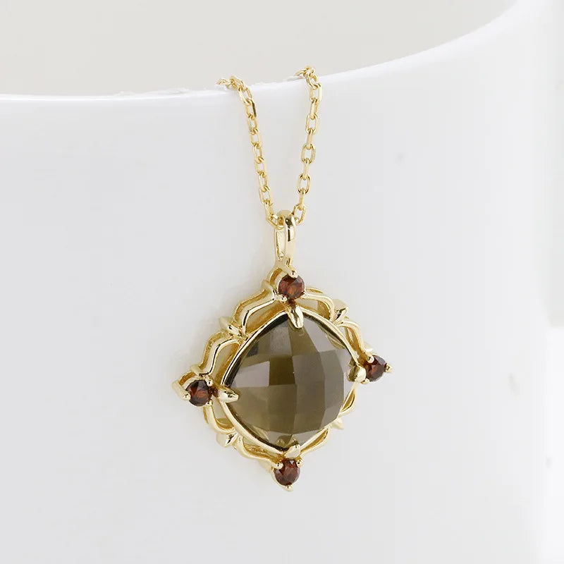 Emotional Factory 925 Sterling Silver 14K Gold Plated Gemstone Retro Geometric Circle Garnet Tea-Coloured Citrine Necklace