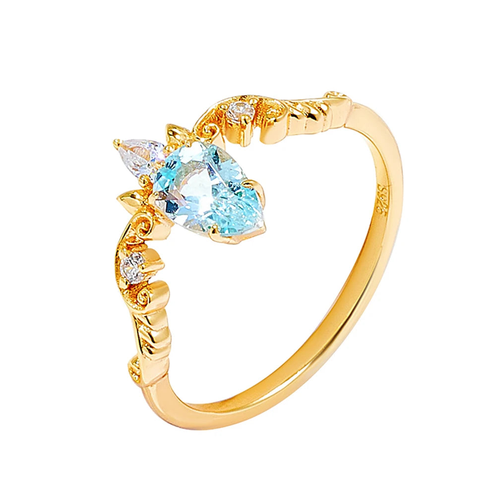 925 Sterling Silver 14K Gold Plated Gemstone Retro  Cz Zircon Crown Design Sky Blue Topaz Ring