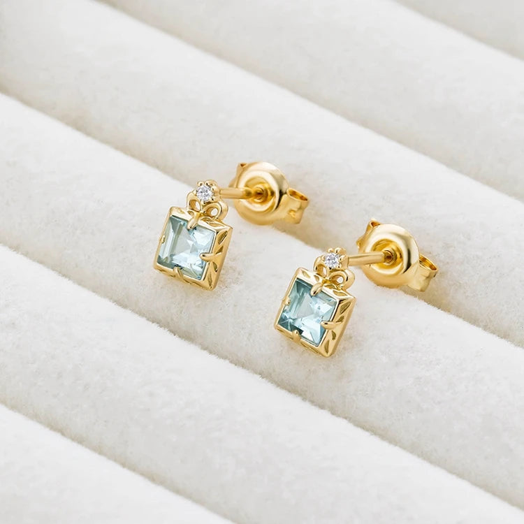 Emotional Factory 925 Sterling Silver 14K Gold Plated Gemstone Simplicity Zircon Geometric Square Aquamarine Earrings