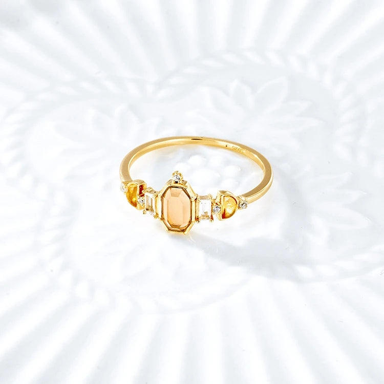 Emotional Bijoux or Factory 925 Sterling Silver 14K Gold Plated Gemstone Citrine White Topaz Hexagon Ring