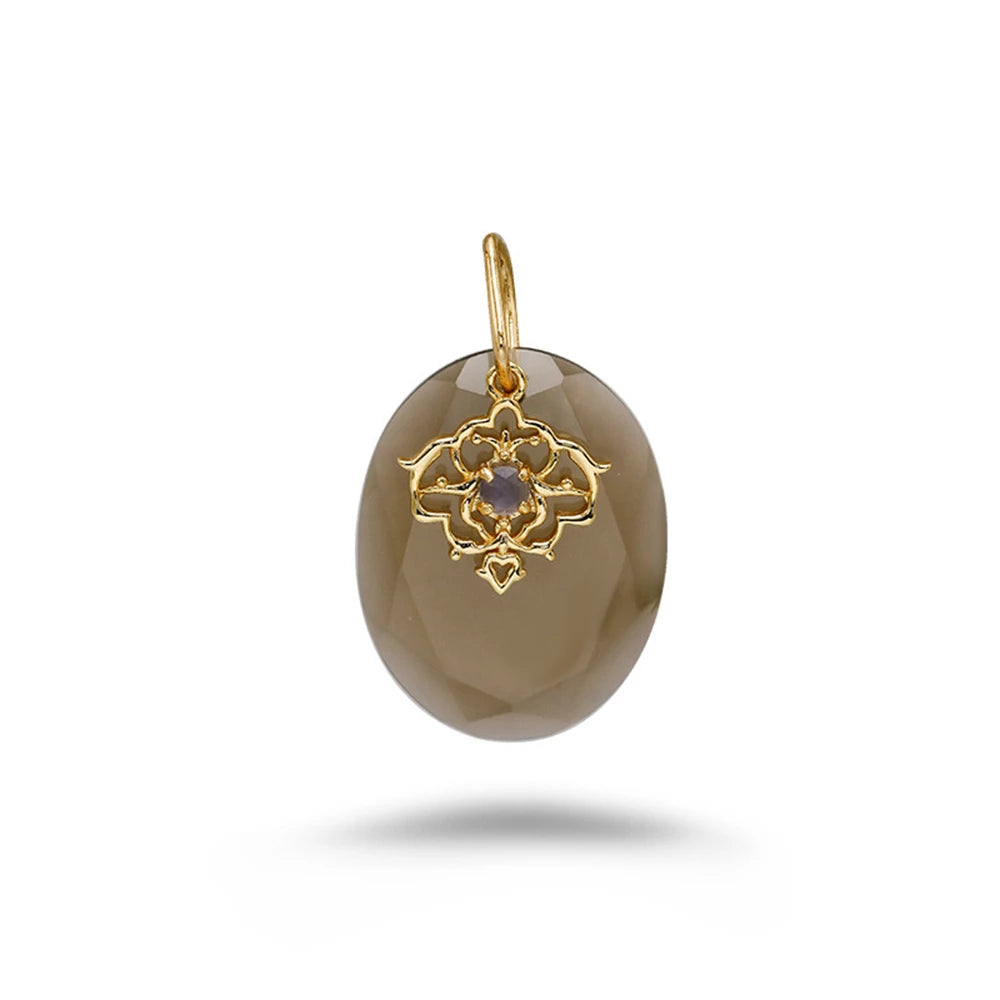Emotional  925 Sterling Silver 14K Gold Plated Gem Stone Gemstone Geometric Egg Shape Cordierite Lace Quartz Stone Pendant