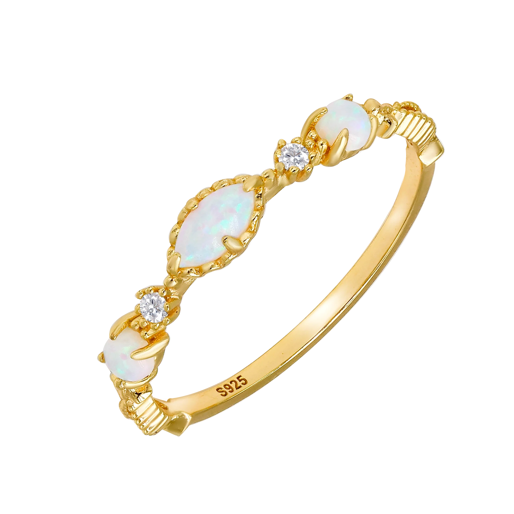 925 Sterling Silver 14K Gold Plated Gemstone Synthetic Opal Zircon Simple Ring