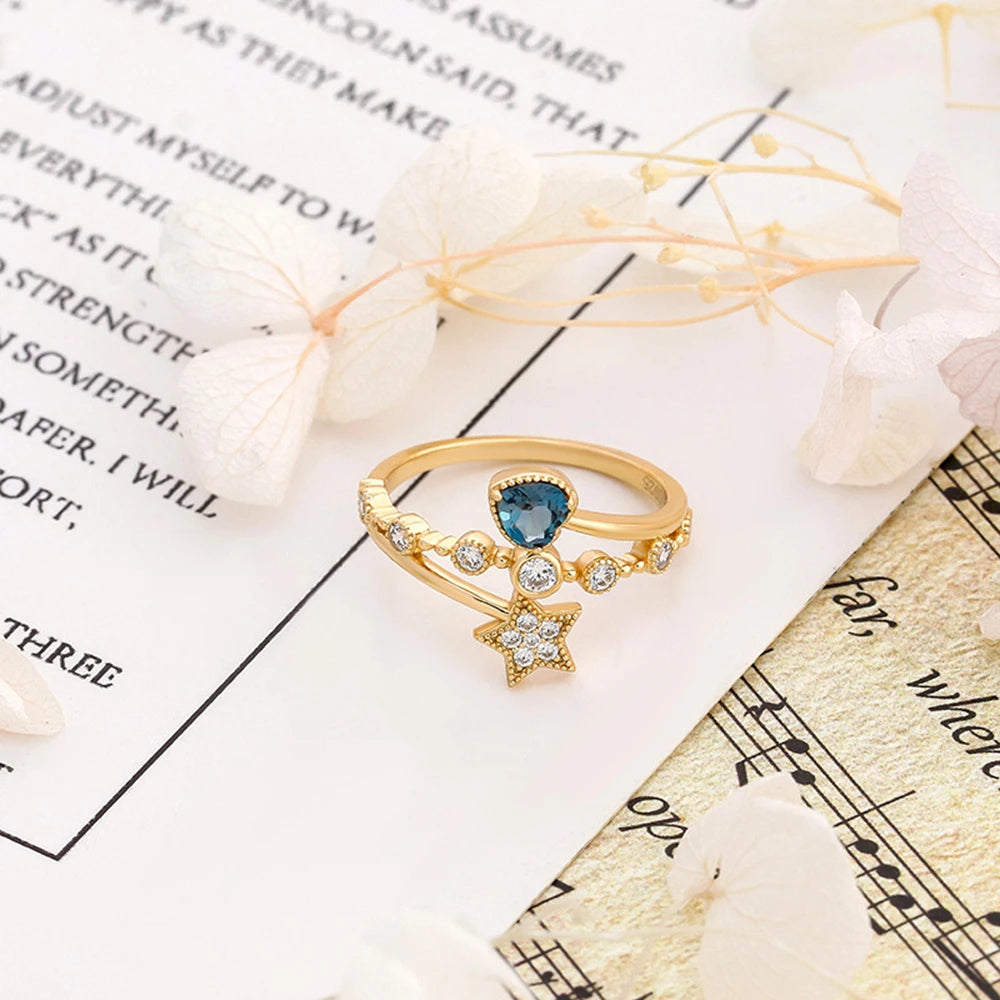 Emotional Factory 925 Sterling Silver 14K Gold Plated Gem Stone Gemstone Star Heart Cz Zircon London Blue Topaz Ring