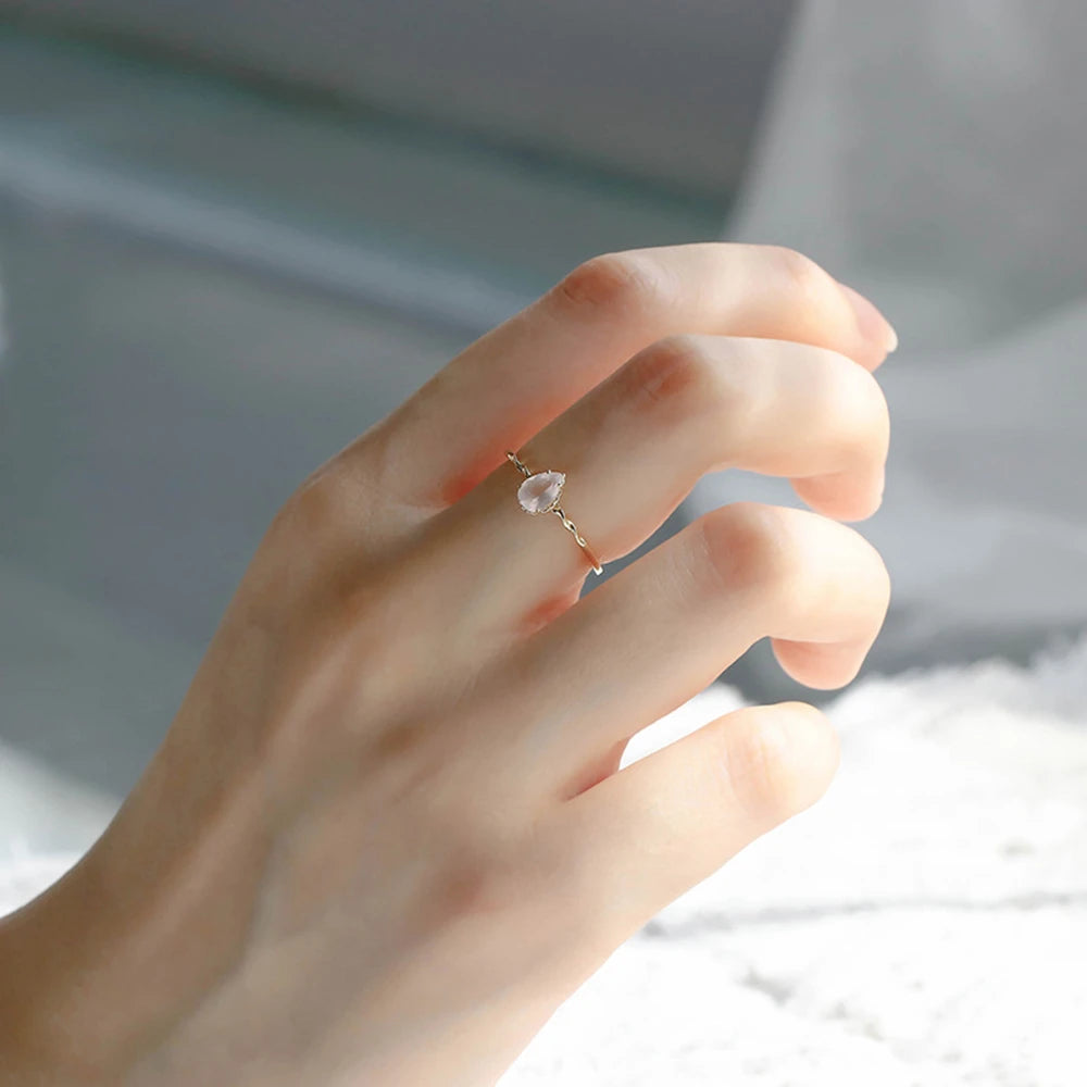 Emotional Factory 925 Sterling Silver 14K Gold Plated Gem Stone Gemstone Twisted Pattern Drop Cz Zircon Rose Quartz Ring