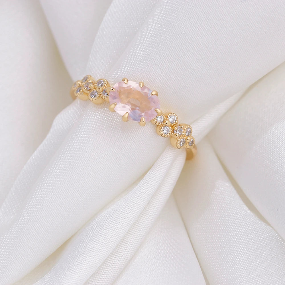 Emotional Factory 925 Sterling Silver 14K Gold Plated Gemstone Series Zircon Rose Quartz Natural Pink Crystal Ring