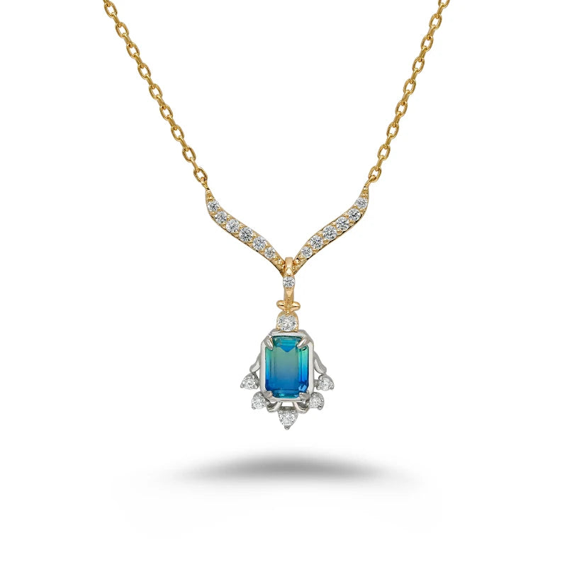 14K Gold Plated Necklace with Dual Tone Elegant Green & Blue Quartz Sparkling White Zircon Japanese Light Luxury Jewelry