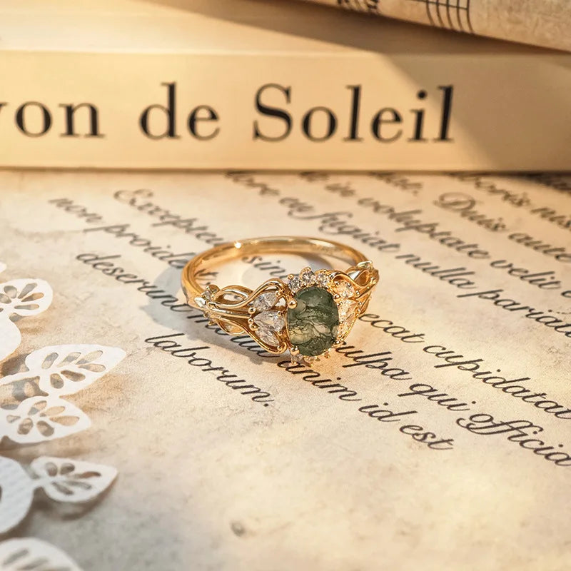 Emotional Factory 925 Sterling Silver 14K Gold Plated Gemstone Cz Zircon Natural Stone Moss Agate Ring