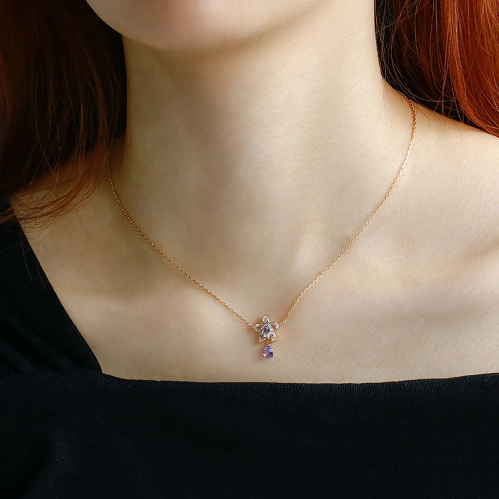 Emotional Factory 925 Sterling Silver 14K Gold Plated Gem Stone Gemstone Tanzanite Zircon Eustoma Flower White Topaz Necklace