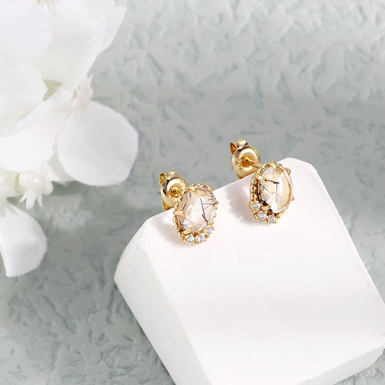 Emotional Factory 925 Sterling Silver 14K Gold Plated Gemstones Landscape Zircon Natural Black Hair Crystal Earrings