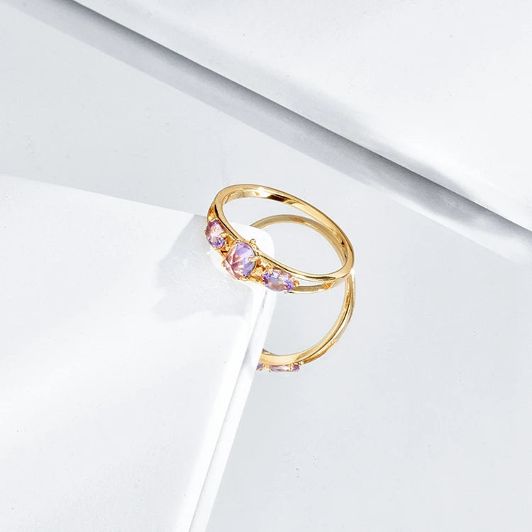 Emotional Factory 925 Sterling Silver 14K Gold Plated Gemstone 3 Stone Natural Amethyst Versatile Rings