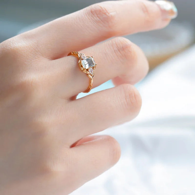 925 Sterling Silver 14K Gold Plated Gemstone Geometric Peridot Rectangular Sky Blue Topaz Quartz Natural Green Crystal Ring