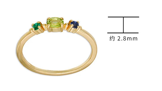 Emotional Factory 925 Sterling Silver 14K Gold Plated Gemstone Blue Green Nano-Stone Geometric Peridot 3 Stone Ring