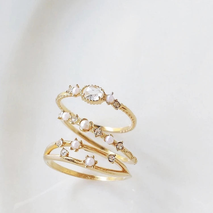 Emotional Factory Anel 925 Sterling Silver 14K Gold Plated Gemstones Simple Minimalist Pearls Natural Rock Crystal Ring