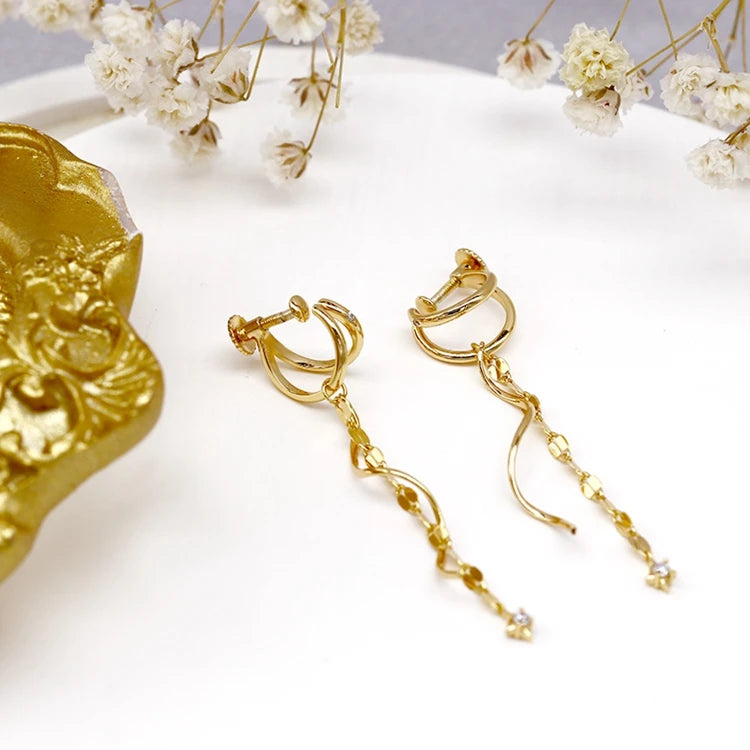 925 Sterling Sil925 Sterling Silver 14K Gold Plated Zircon Screw Detachable New Tassel Ear Clip Earrings