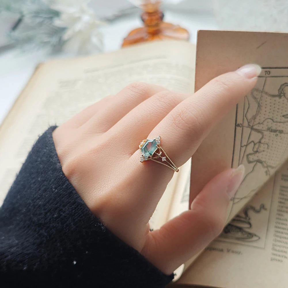 Emotional Factory 925 Sterling Silver 14K Gold Plated Gemstone Cz Zircon Hollow Geometric Rhombus Moss Agate Ring